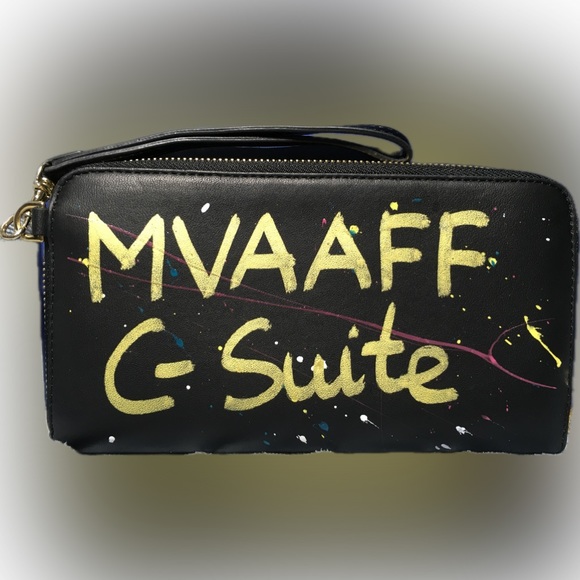 DESERI Black Leather and Gold Handware Paris Wristlet Clutch Paris Hand Painted - Picture 2 of 16